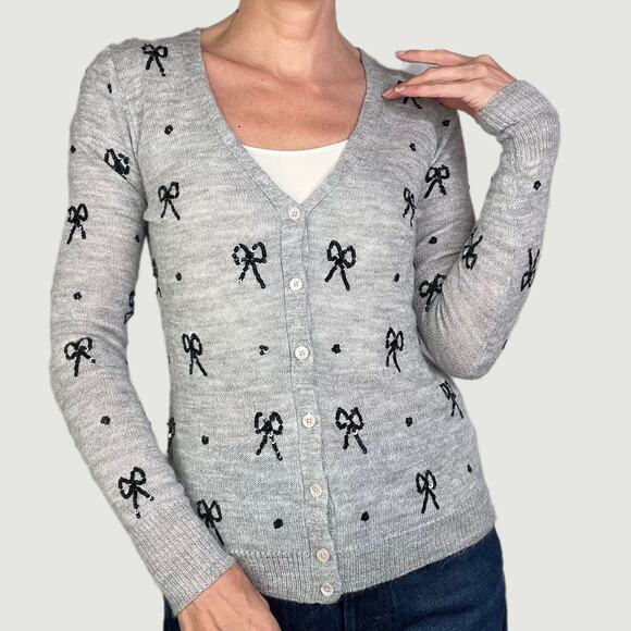 J. Crew sequin bow cardigan sweater Italian-spun alpaca merino wool blend grey S - Picture 1 of 13